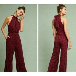 ANTHROPOLOGIE ETT TWA AIDA LACE HALTER JUMPSUIT SIZE 4 SMALL POCKETS BURGUNDY